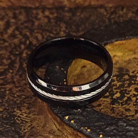 Personalized Engraved Men's Black Promise Ring Cable Inlay - Guys Promise Ring - Picture 8 of 11